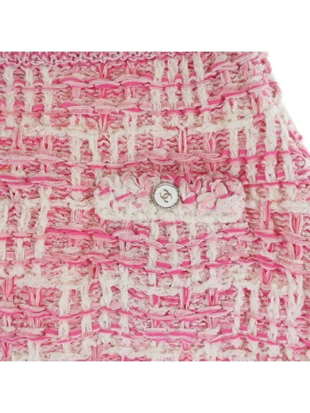 Chanel Tweed Fringe Skirt CC Logo Button Pink White